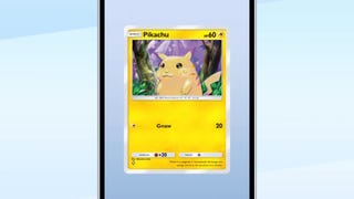 A Pikachu card in Pokemon TCG Pocket is shown on a mobile phone screen