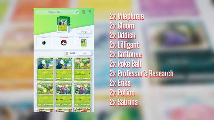 A card list for a Pokemon TCG Pocket Vileplume deck is shown, alongside a screenshot from the game of the deck being built