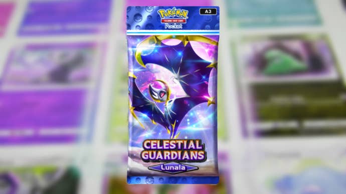 The artwork of Celestial Guardians Lunala booster pack, depicting Lunala, from Pokemon TCG Pocket is shown