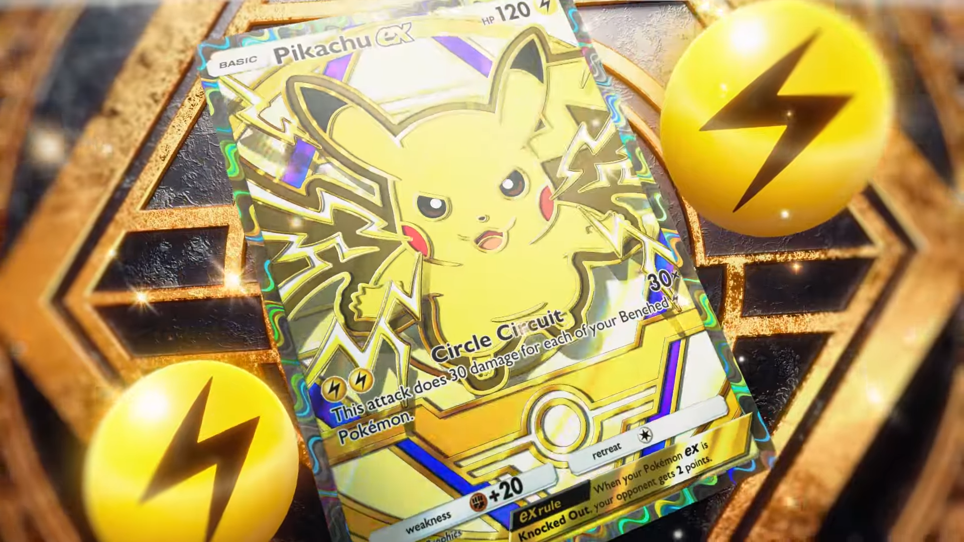 Pokémon TCG Pocket trailer showing Pikachu card with lightning symbols