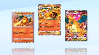 Pokémon TCG Pocket trailer screenshot showing three different Charizard cards