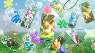 Pokemon TCG Pocket Eevee Grove trailer screenshot showing multiple phone screens featuring different Eeveelutions on them