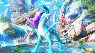 Screenshot from Pokémon TCG Pocket trailer showing brightly coloured legendary beasts in front of a waterfall
