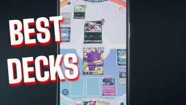 A player battles on mobile phone in Pokemon TCG Pocket, with the text 'Best Decks' overlayed on it