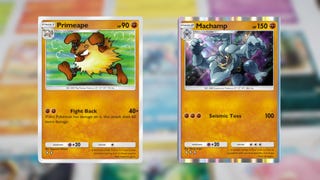 Primeape and Machamp cards from Pokemon TCG Pocket are shown beside one another