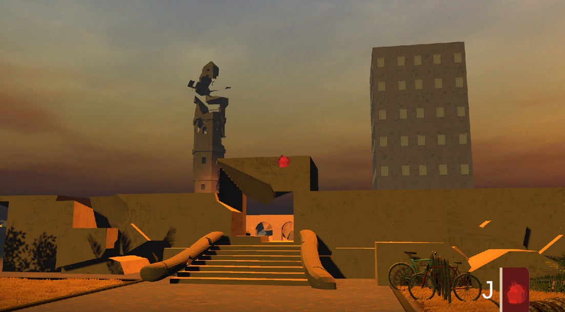 A desolate yellow-brown urban area with a staircase leading up to a wall below a tower block and an abstract shattered structure, from the game Pomegranates. - 5