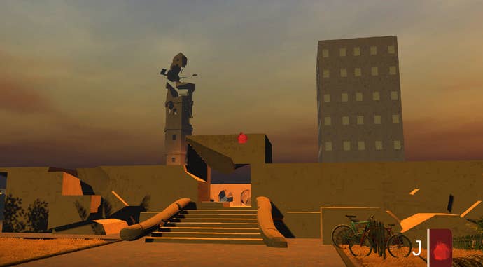A desolate yellow-brown municipality country with a staircase starring up to a partition beneath a operation artifact and an abstract shattered structure, from the crippled Pomegranates.