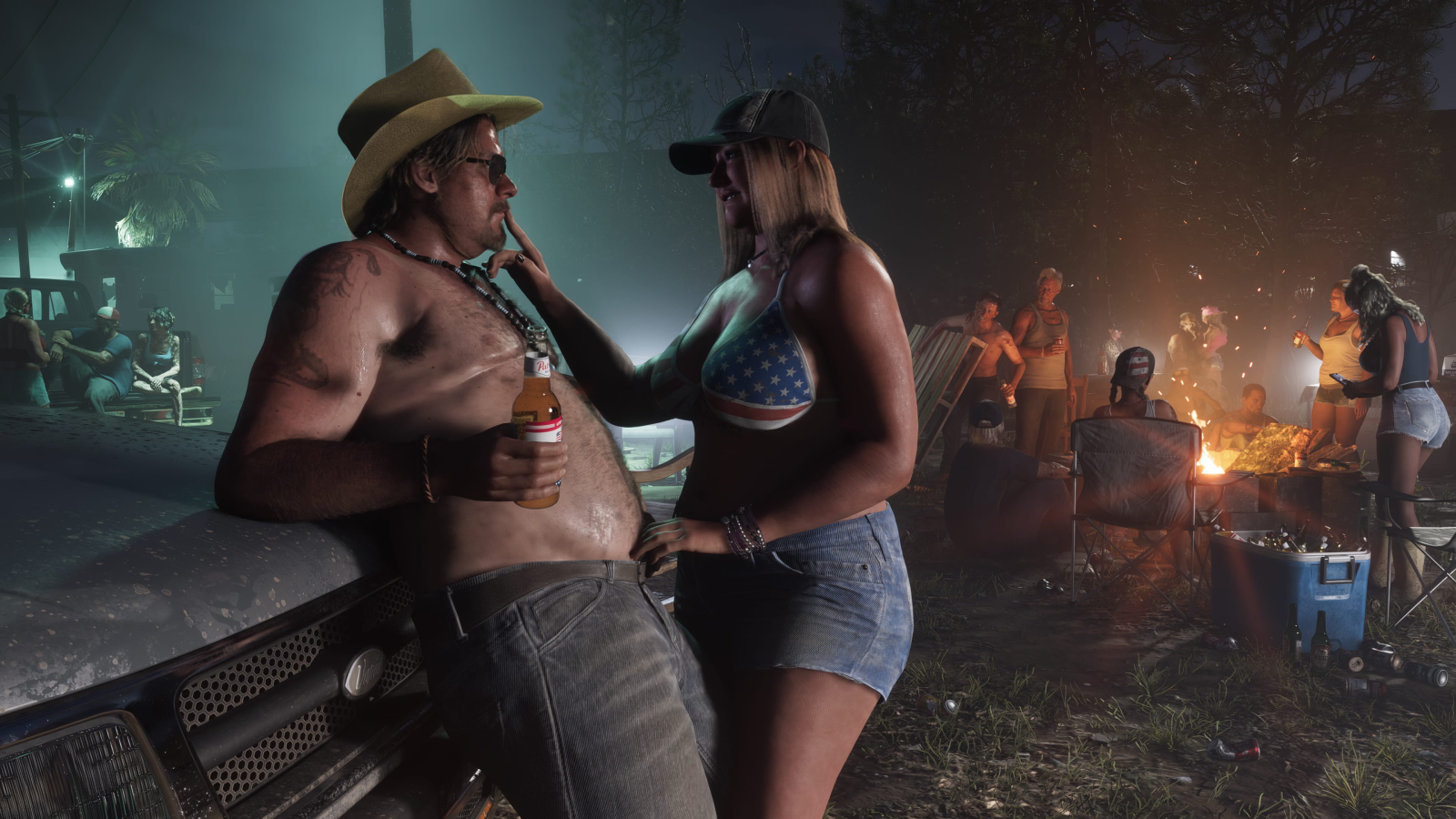 GTA 6 screenshot of Port Gellhorn showing a woman in American flag bra coming on to a large topless man against a truck