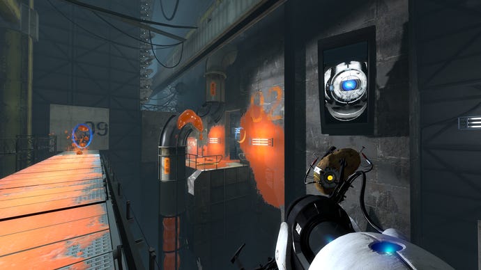 Wheatley appears on a screen while the player solves a puzzle in Portal 2.