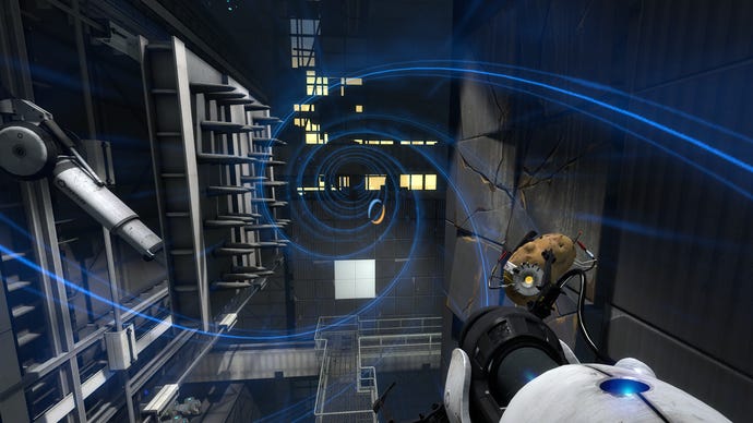 An excursion funnel drags the player towards a mashy spike plate in Portal 2.