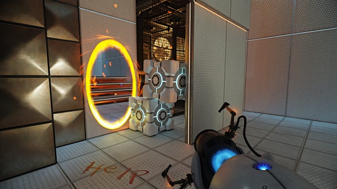 Two weighted cubes are stacked adjacent to a yellowish portal successful Portal with RTX.