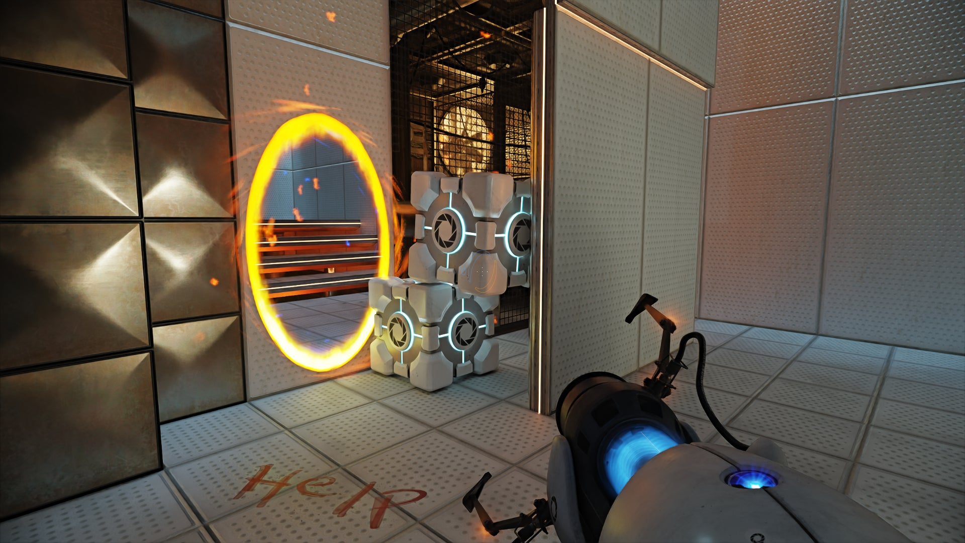 Two weighted cubes are stacked next to a yellow portal in Portal with RTX. - 1