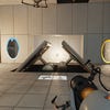 A puzzle involving angled walls and a high energy pellet in Portal with RTX.