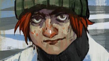 A close-up of a character portrait of Cunoesse, a red-headed girl in a green hat, from Disco Elysium
