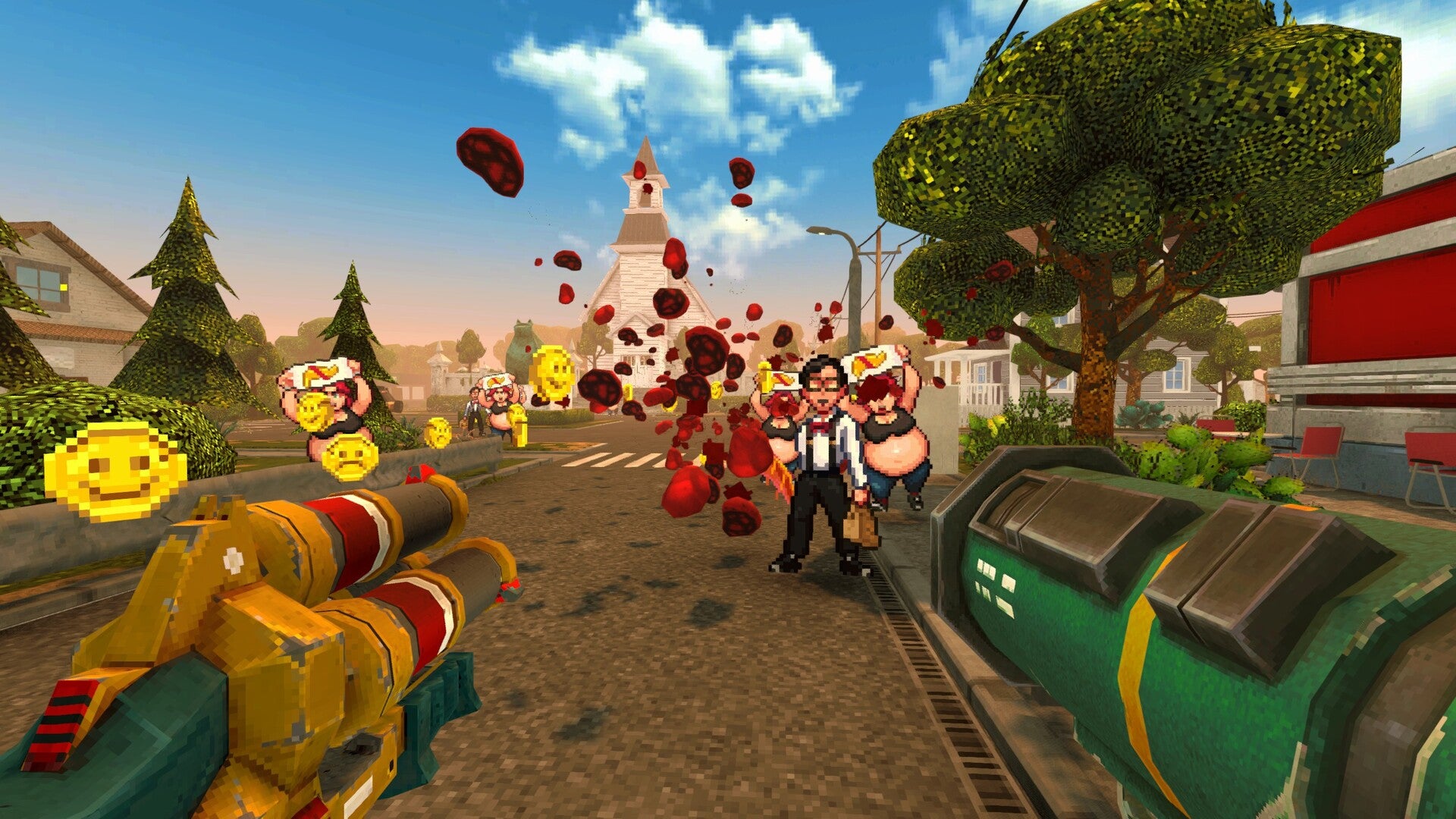 A first-person view of cartoonish charging suburbanites in shooter Postal: Bullet Paradise - 1