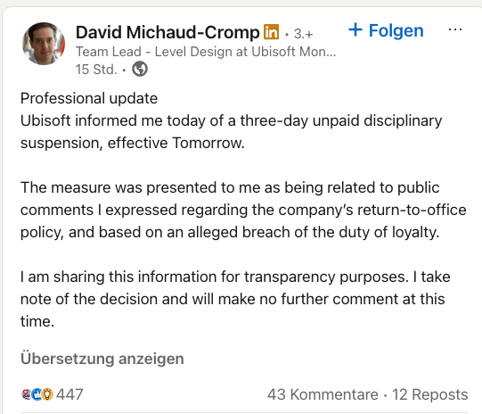 Ubisoft suspendiert Mitarbeiter nach &ouml;ffentlicher Homeoffice-Kritik:  Eskalation im B&uuml;ro-Streit | Eurogamer.de