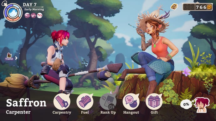 A witch sits on her broomstick while chatting to a forest dwelling carpenter with a tree branch as an arm.