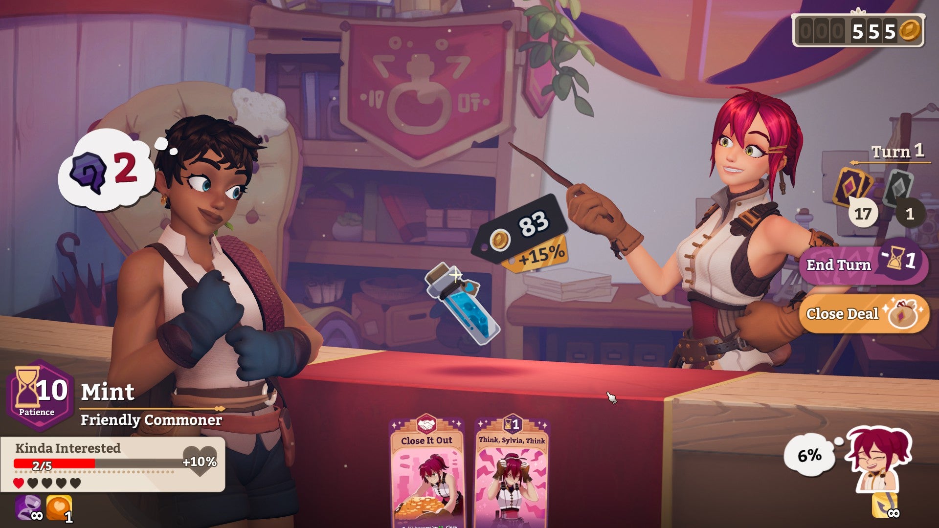 An adventurer attempts to haggle with a witch in a potion shop in Potionomics