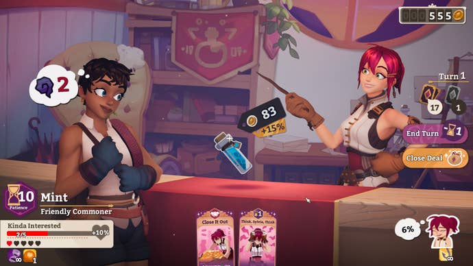 An adventurer attempts to haggle with a witch in a potion shop in Potionomics