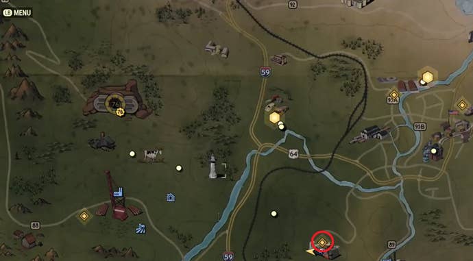 Map showing the location of a piece of Power Armor in Fallout 76.