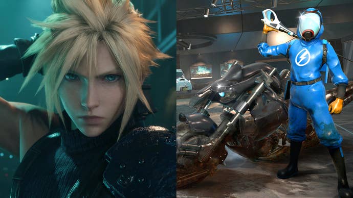 Dual image of Final Fantasy 7’s Cloud on the left and the PowerWash Simulator guy on the right, imitating Cloud’s pose