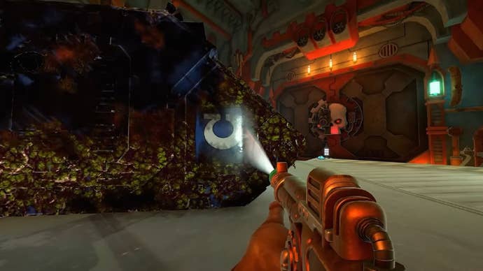 A Ultramarines Land Raider gets washed in the Warhammer 40,000 DLC for PowerWash Simulator.