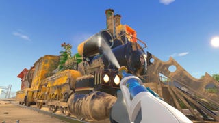 PowerWash Simulator Back to the Future DLC showing the series' very grubby steam train