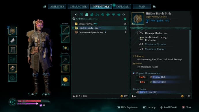 The Hjilde's Handy Hide armor and stats displayed in the menu of Avowed.