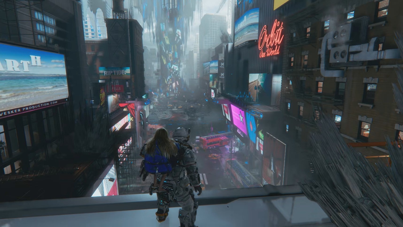 Pragmata's Diana and Hugh look out over a New York-like city