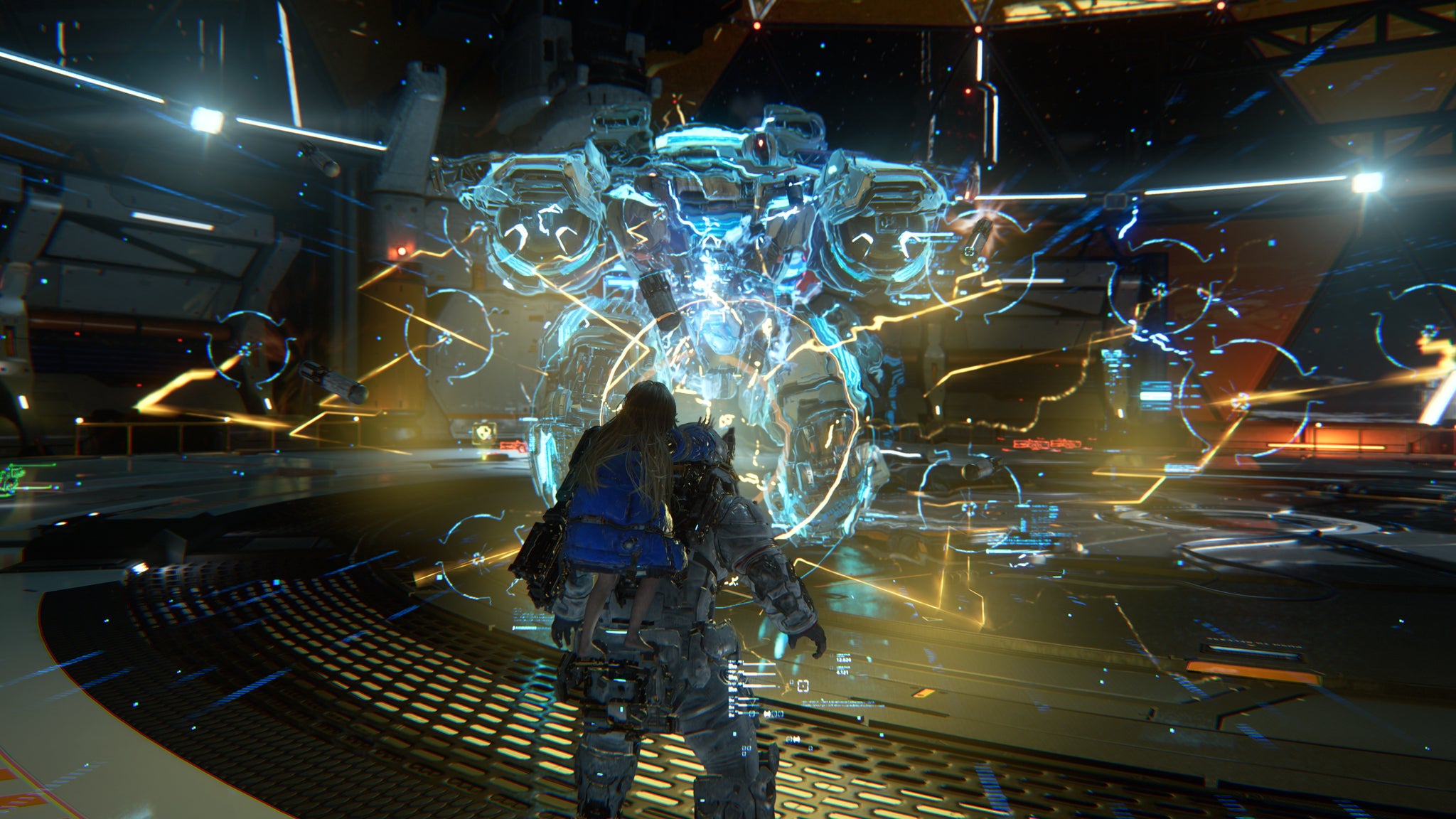 Diana's powerful hack attack overwhelms a giant robot in Pragmata. - 4