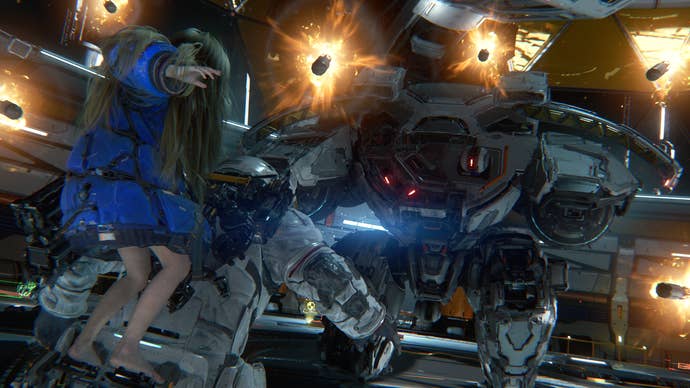 A robo-boss fires a rocket salvo astatine Hugh and Diana successful Pragmata.
