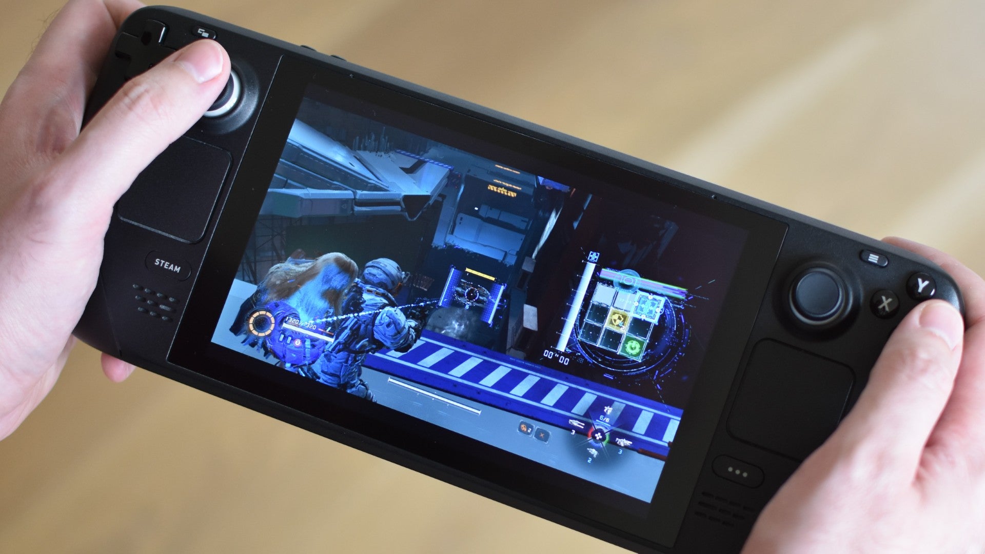 Hacking a flying bot enemy in Pragmata, on a Steam Deck.