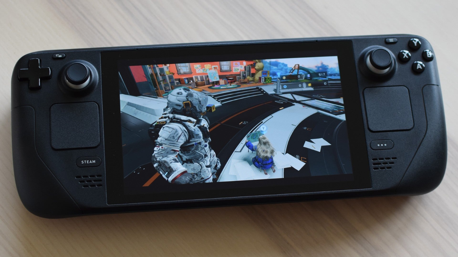 In Pragmata, running on a Steam Deck, Hugh stands over Diana as she makes crayon drawings.