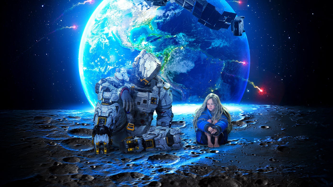 Hugh and Diana sit on the moon with the earth in the background.