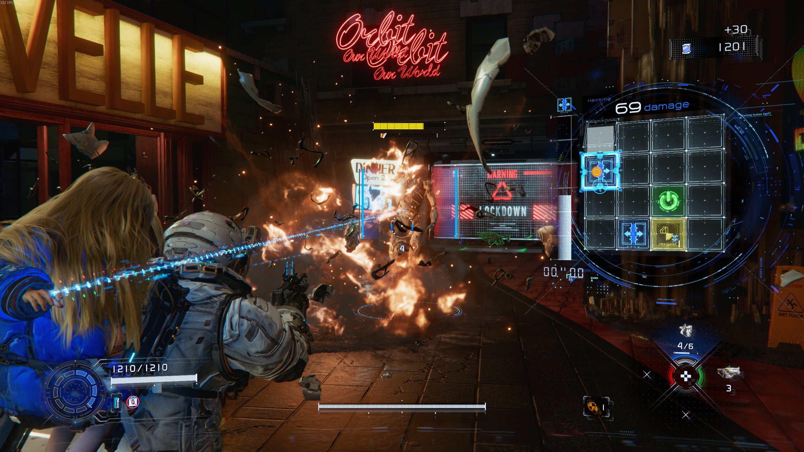 A defeated bot explodes in Pragmata.