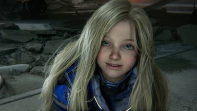 Diana from the game Pragmata, with long blonde hair and blue-ish jacket.