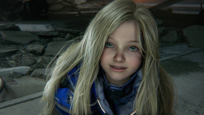 Diana from the game Pragmata, with long blonde hair and blue-ish jacket.
