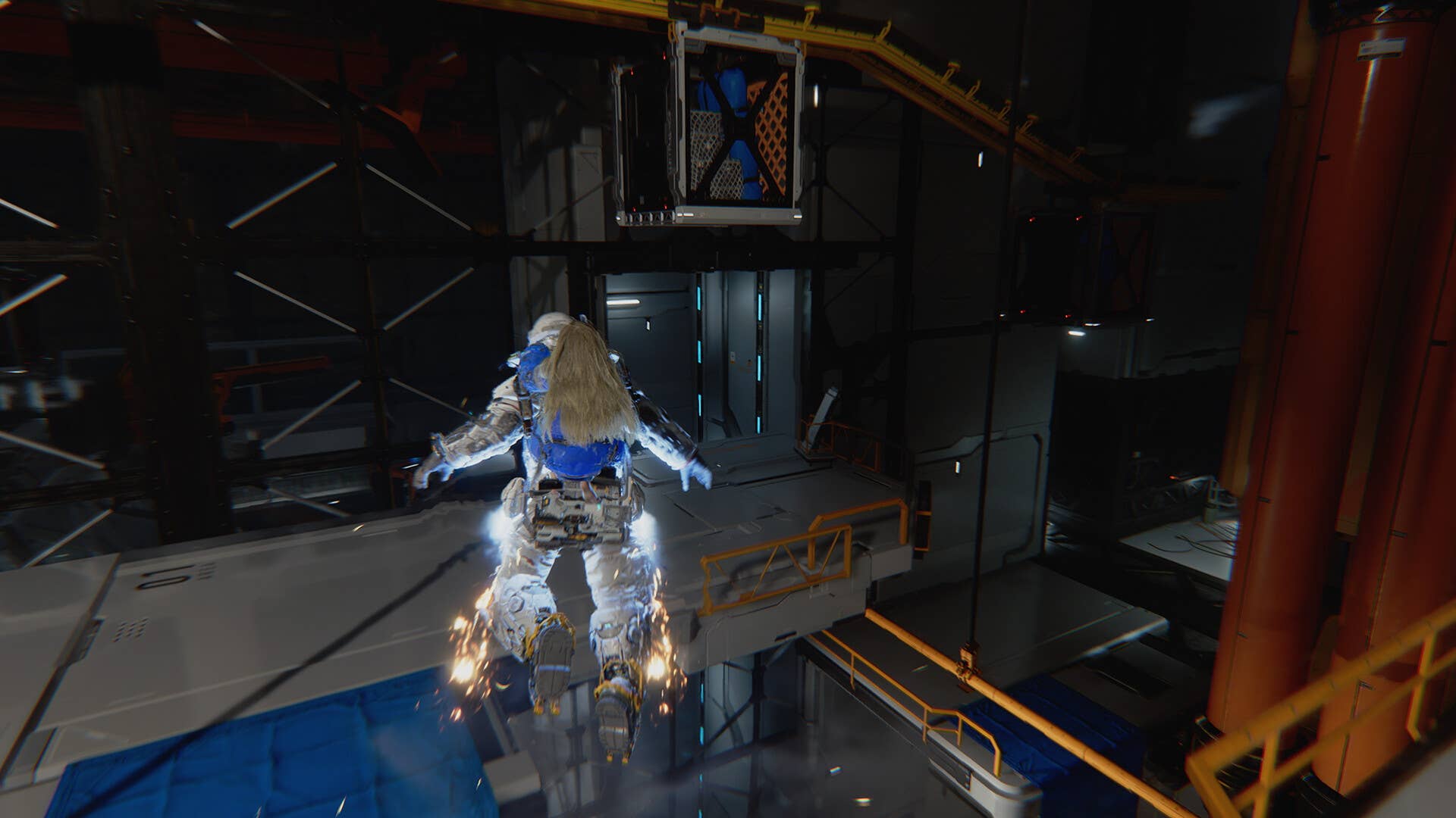 A gameplay shot of Pragmata showing Diana on Hugh's back as he uses jets to fly up onto a platform.