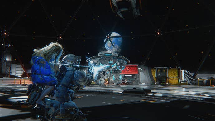 A gameplay shot of Pragmata showing Diana on Hugh's back as he shoots a mech/robot.