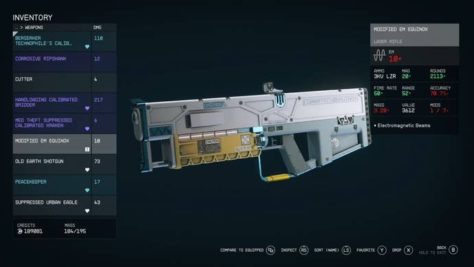menu view of an em weapon