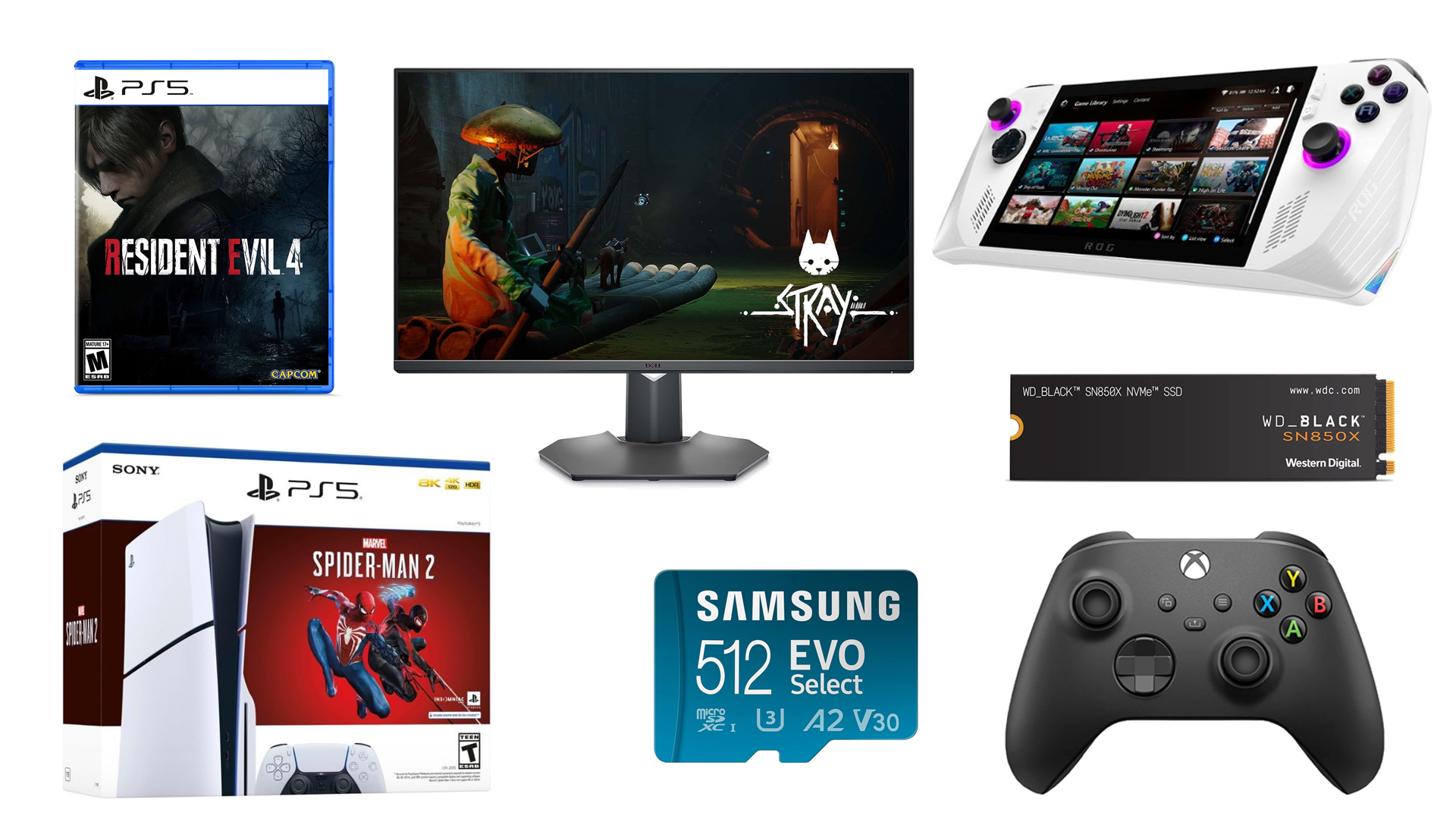 Top row left to right: Resident Evil 4 for PS5, Dell G3223Q gaming monitor, Asus ROG Ally. Bottom row: PS5 Slim Spider-Man 2 bundle, Samsung Evo Select 512GB, WD_Black SN850X SSD and a black Xbox controller.