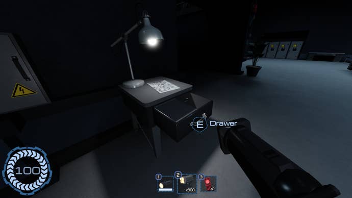 The player looks at a side table with an open drawer and a password document on top of it in Roblox’s Pressure: The Hunted quest