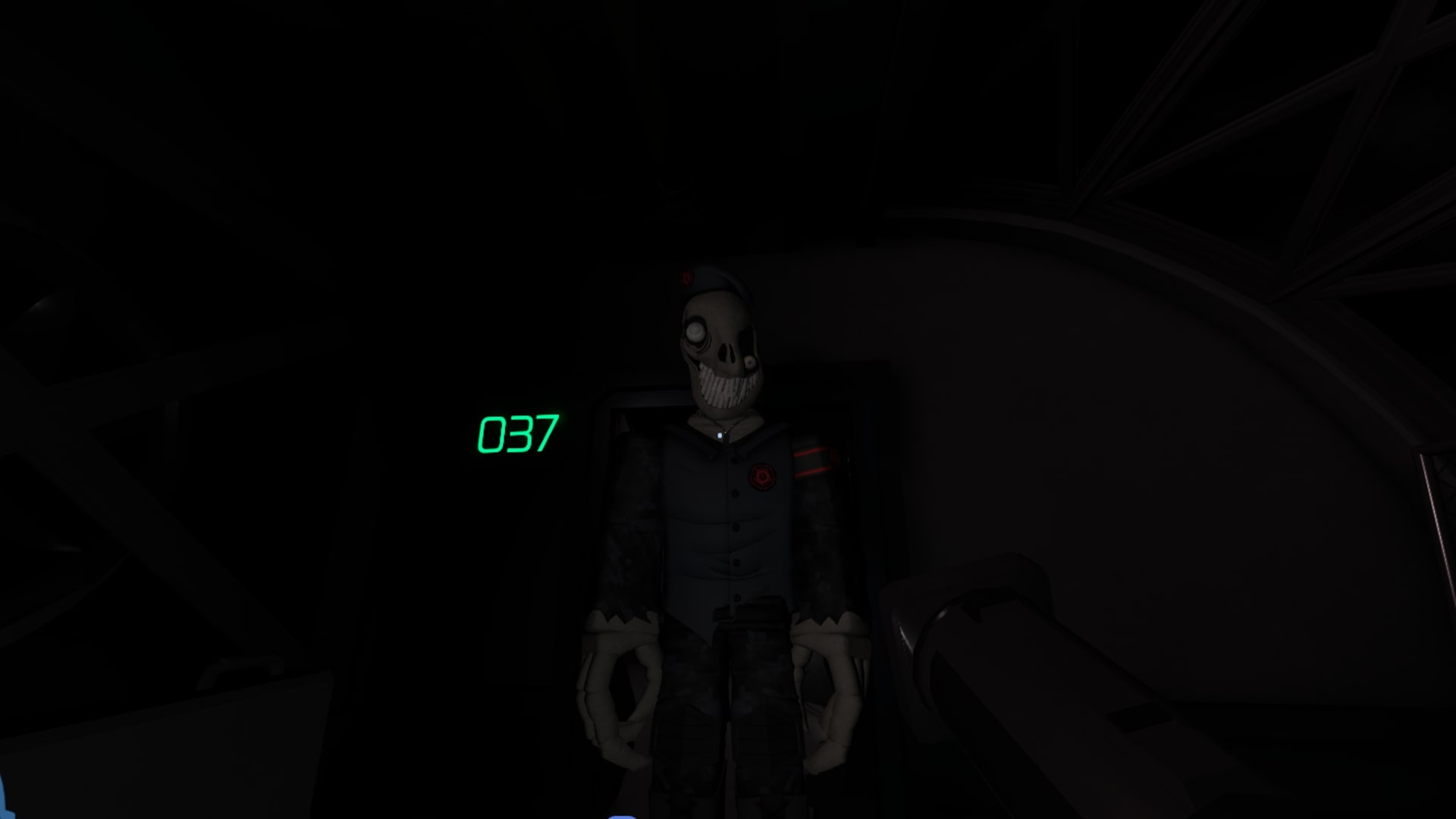 The player faces an enemy exclusive to Roblox's Pressure: The Hunted quest, a Crooked - 1