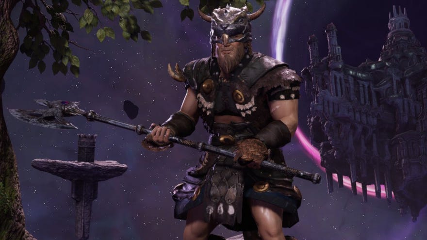 A Primalist shows off their big axe on the Last Epoch character select screen.