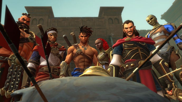 The group of Immortals warriors peer over a dead body  in Prince Of Persia: The Lost Crown