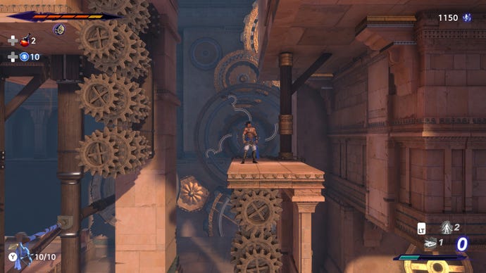 Sargon stands on a platform surrounded by gears in Prince Of Persia: The Lost Crown