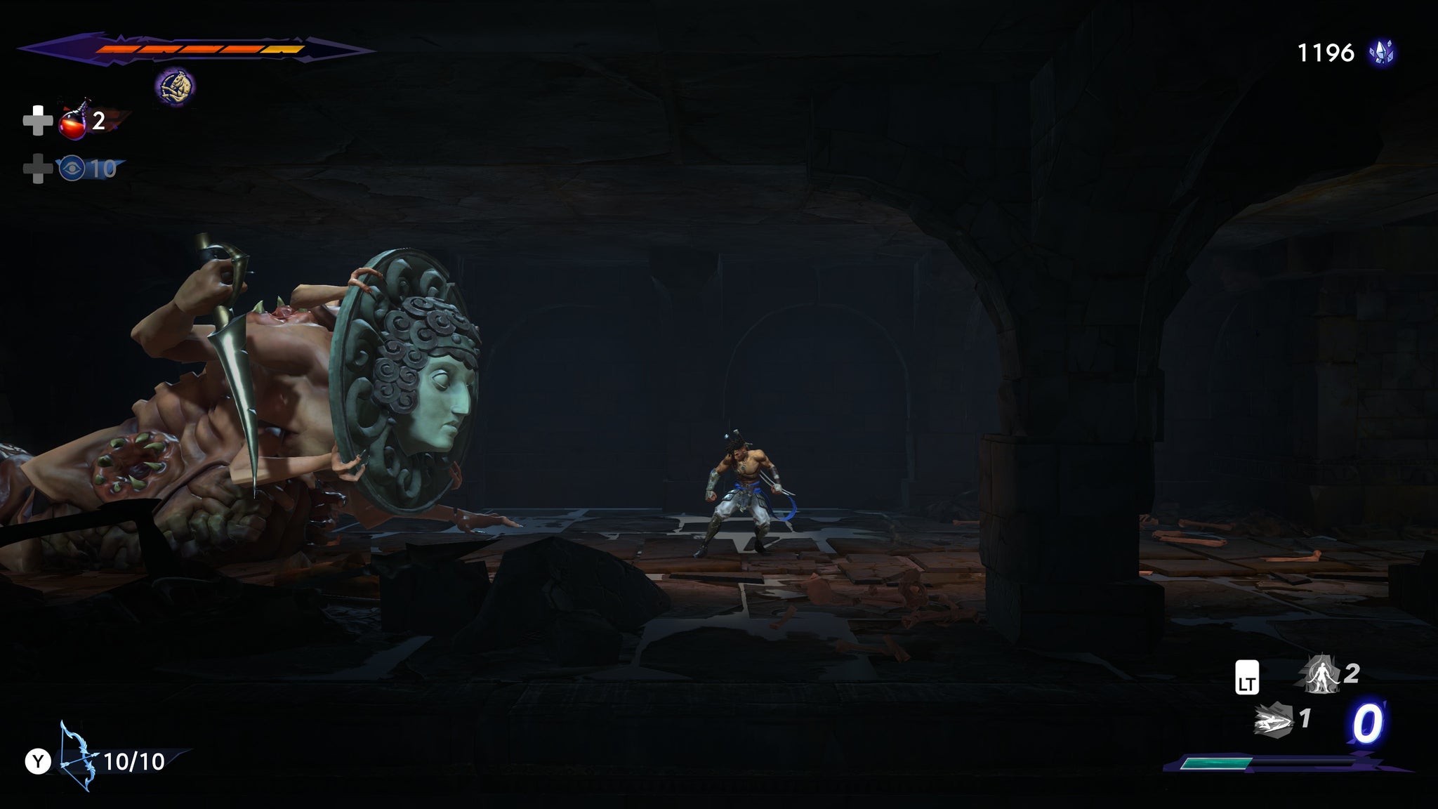 A fleshy creature with a medusa mask approaches Sargon in a sewer in Prince Of Persia: The Lost Crown - 5