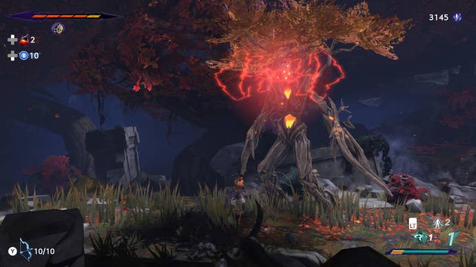 Sargon encounters a large tree monster in a forest in Prince Of Persia: The Lost Crown