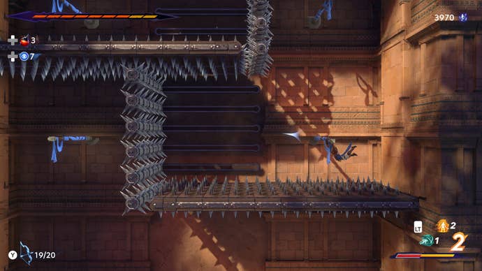 Sargon swings through a series of spiky gauntlets in Prince Of Persia: The Lost Crown