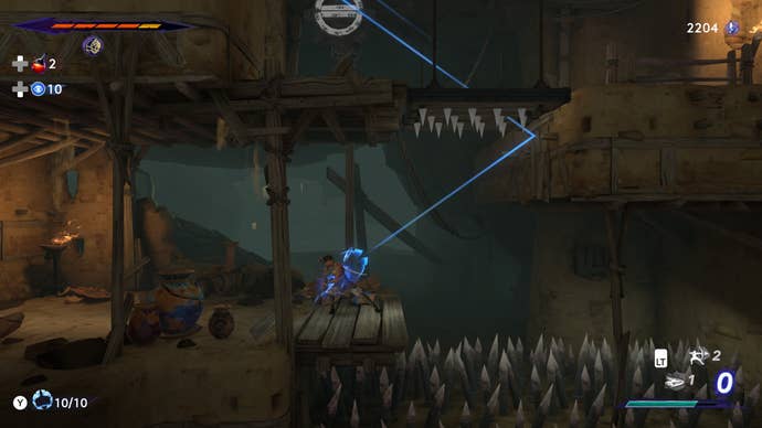 Sargon aims his chakram through a spiky platform in Prince Of Persia: The Lost Crown